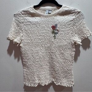 & Other Stories Cream Smocked Tee with Floral Detail